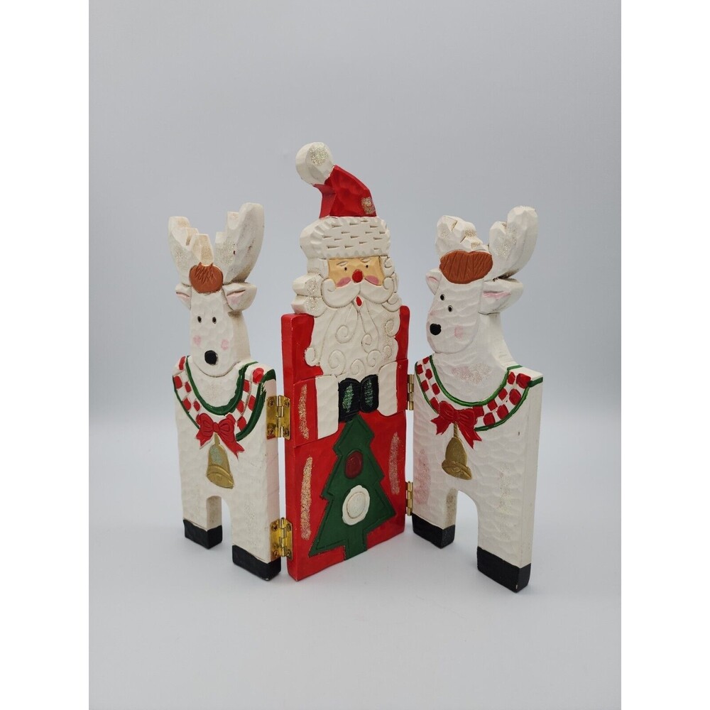 VTG Christmas Wood Decorative Folding Screen Santa & Reindeers Holiday Decor - Picture 3 of 12